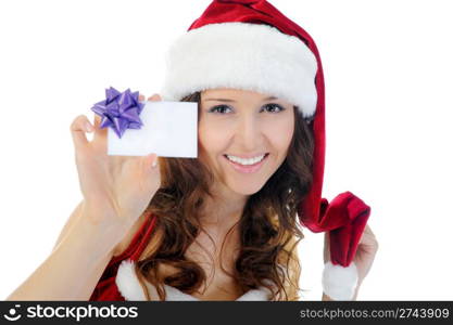 Christmas smiling woman in red santa cap. isolated on a white background