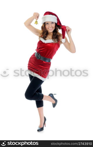 Christmas smiling woman in red santa cap. isolated on a white background
