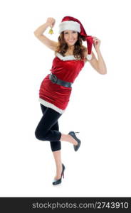 Christmas smiling woman in red santa cap. isolated on a white background