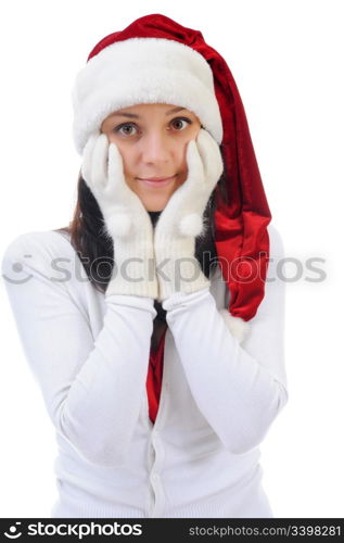 Christmas smiling woman in red santa cap. isolated on a white background