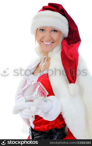 Christmas smiling woman in red santa cap. isolated on a white background