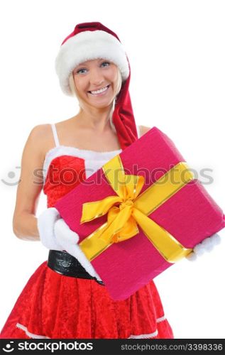 Christmas smiling woman in red santa cap with a gift. isolated on a white background