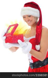 Christmas smiling woman in red santa cap with a gift. isolated on a white background