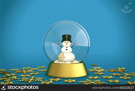 Christmas snow globe with snowman and golden snow flakes with blue background