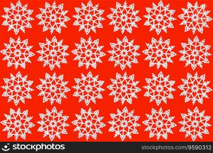 Christmas snowflake ornament on red background. Vintage pattern with snowflakes and copy space. The concept of winter and Christmas holidays celebration