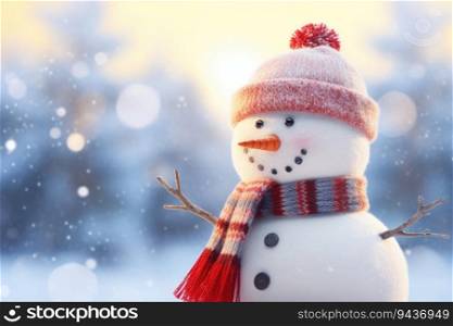 Christmas snowman in a snowy landscape. Generative AI