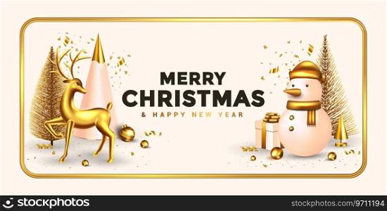 Christmas snowman with gift box , pine tree and deer, realistic 3d design, gold metal balls and snowflakes. Festive winter composition. Happy New Year and Xmas. Vector illustration