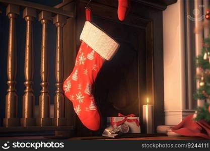 Christmas socks for New Year’s gifts hang over a fireplace with fire. Dark room interior background. AI generated.. Christmas socks for New Year’s gifts hang over a fireplace with fire. AI generated.