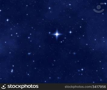 christmas star. a nice blue star field of bright and shining stars and one bright christmas star