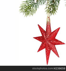 Christmas star hanging with ribbon over white with copyspace