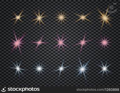 Christmas stars set on background. Stardust wave is glittering. Collection of sparkling golden, blue, pink lights. Bright shining beams. Xmas glare and glitter effects and rays.. Christmas stars set on background. Stardust wave is glittering. Collection of sparkling golden, blue, pink lights. Bright shining beams.