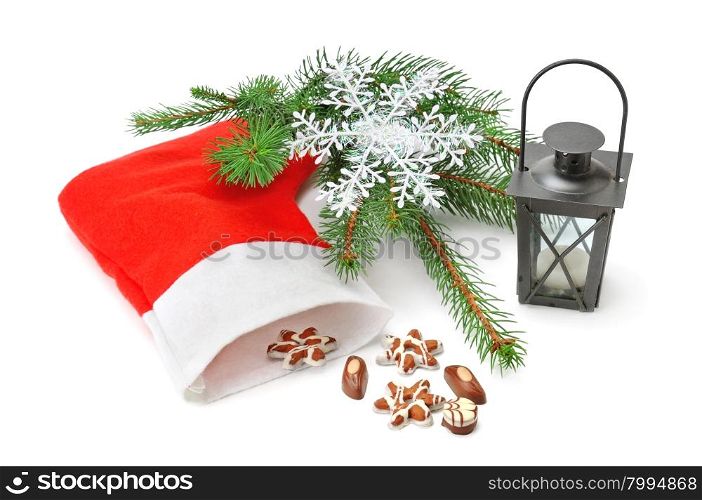 Christmas Stocking, lantern and spruce isolated on white background