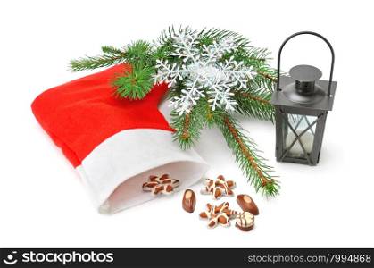 Christmas Stocking, lantern and spruce isolated on white background