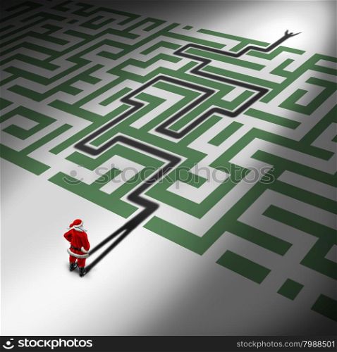 Christmas success as a Santa Claus symbol for guidance and advice for holiday challenges as a seasonal concept with santaclause in front of a maze or labyrinth with his shadow finding a way through the winter gift giving season confusion.