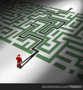 Christmas success as a Santa Claus symbol for guidance and advice for holiday challenges as a seasonal concept with santaclause in front of a maze or labyrinth with his shadow finding a way through the winter gift giving season confusion.