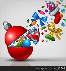 Christmas surprise concept and new year celebration as a magic open red decoration ornament with winter celebration symbols emerging out as holly snowflakes gifts and present stocking as a 3D illustration.
