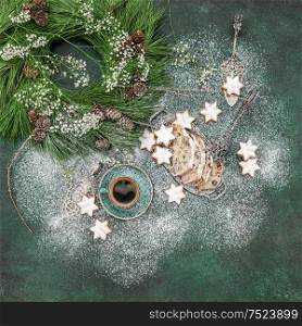 Christmas sweet food cookies, cake Stollen, coffee and decoration. Holidays background