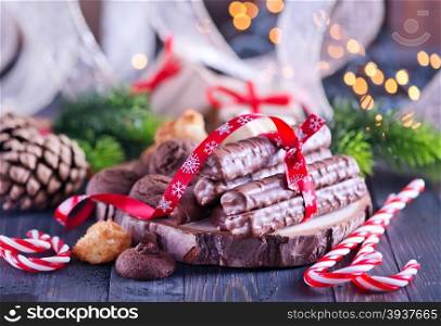christmas sweety and christmas decoration on a table