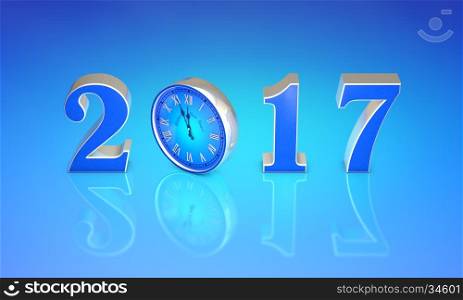 Christmas symbol (the clock). New Year 2017. Blue art background. 3D rendering. Available in high-resolution and several sizes to fit the needs of your project.