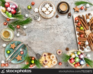 Christmas table decoration. Traditional german cookies and coffee. Still life. Top view