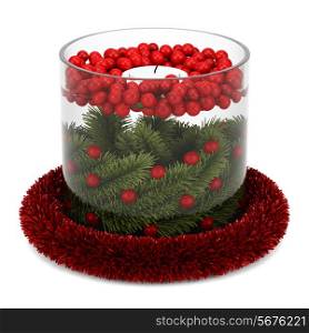 christmas table decoration with candle isolated on white background