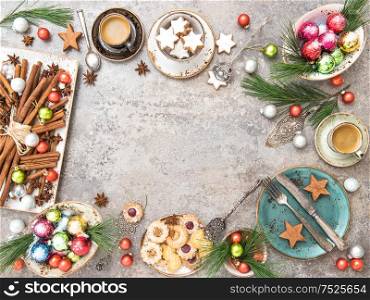 Christmas table decoration with cookies and coffee. Still life. Top view