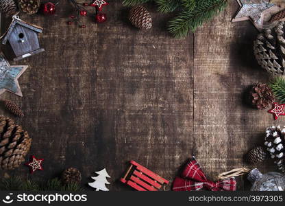 Christmas theme background in vintage tone. Rustic wood background for Christmas with copy space for all Christmas design. Old wood texture decorated with Christmas decoration theme for wallpaper and product display in Christmas time.. Christmas theme background in vintage tone, space for text