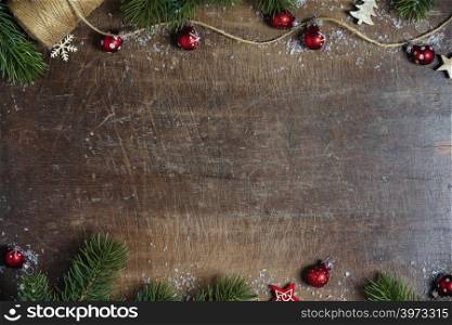 Christmas theme background in vintage tone. Rustic wood background for Christmas with copy space for all Christmas design. Old wood texture decorated with Christmas decoration theme for wallpaper and product display in Christmas time.. Christmas theme background in vintage tone, space for text