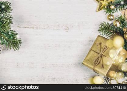 Christmas theme background in vintage tone. Rustic wood background for Christmas with copy space for all Christmas design. Old wood texture decorated with Christmas decoration theme for wallpaper and product display in Christmas time.. Rustic wood background for Christmas with copy space