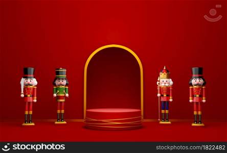 Christmas theme of geometric podium for product with nutcracker, 3d illustration