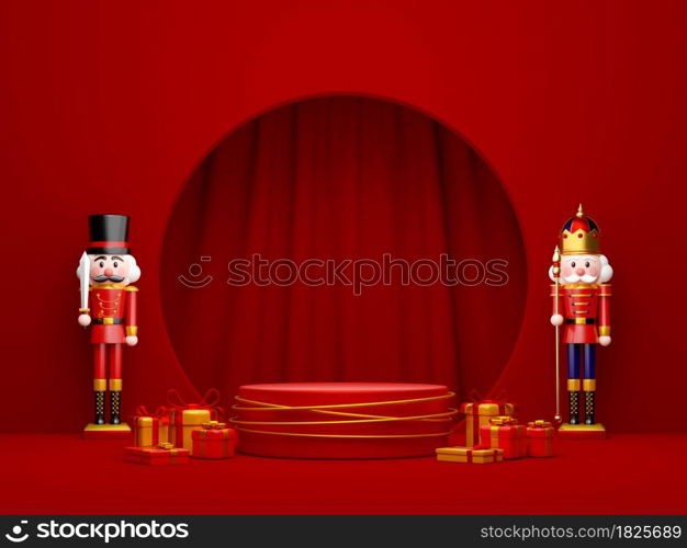 Christmas theme of geometric podium for product with nutcracker, 3d illustration