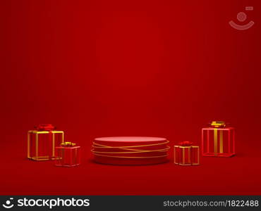 Christmas theme of geometric podium with gift box, 3d illustration