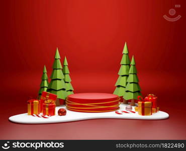 Christmas theme of podium with Christmas gift on snow ground, 3d illustration