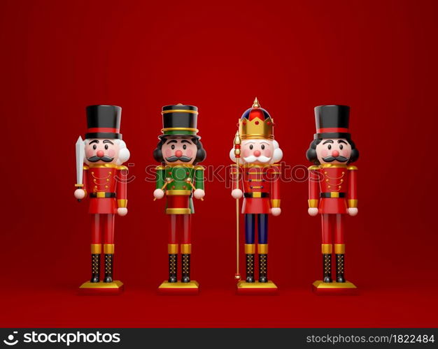 Christmas theme of set of nutcracker on red background, 3d illustration