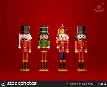 Christmas theme of set of nutcracker on red background, 3d illustration