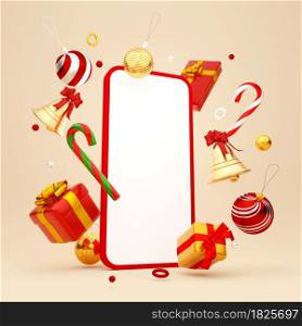 Christmas theme of smartphone with Christmas ornaments, 3d illustration