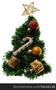 christmas things as tree, gold and red present and balls isolated on white