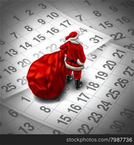 Christmas time holiday concept as santa clause with a gift bag standing on top of a group of month calendar sheets as a winter and new year celebration symbol.