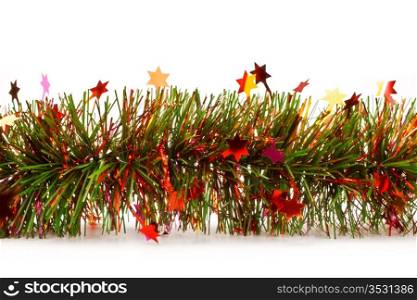 christmas tinsel garland with stars, isolated on white