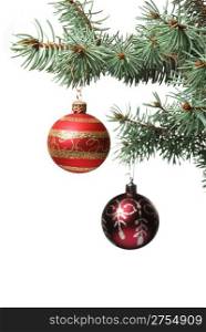 Christmas toy on a branch of a fur-tree. A glass sphere isolated on a white background