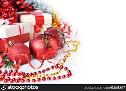 christmas toys and gifts boxes on white background