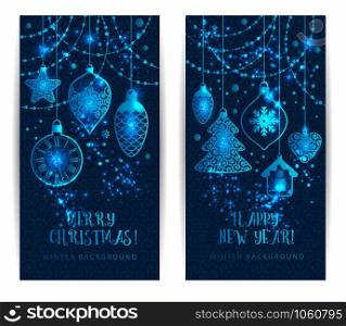 Christmas toys on dark blue background. Holiday banners set.. Christmas toys on dark blue background.