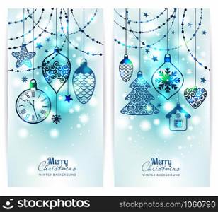 Christmas toys on soft background. Holiday banners set.