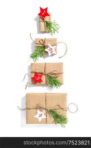 Christmas tree Advent calendar. Wrapped gift boxes. Holidays presents. Flat lay background