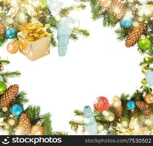 christmas tree and decorations with bokeh lights frame over white background. christmas tree and decorations with gift box