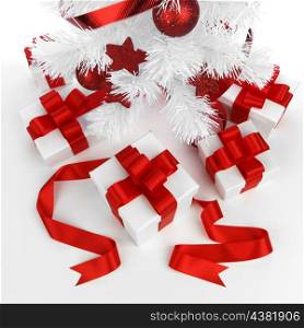 Christmas tree and gifts isolated on white background
