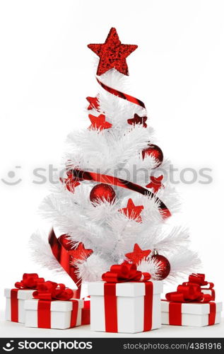 Christmas tree and gifts isolated on white background