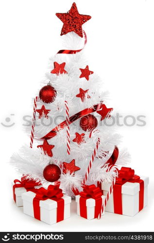 Christmas tree and gifts isolated on white background