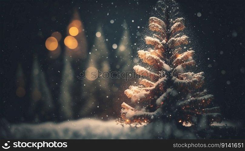 Christmas tree and the light bokeh with snowfall created with generative AI