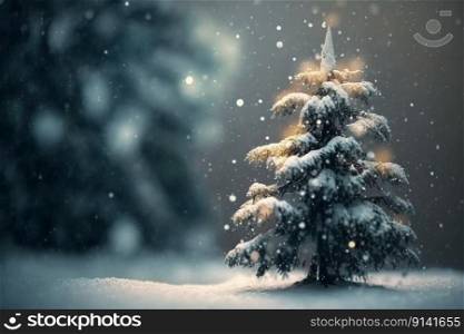 Christmas tree and the light bokeh with snowfall created with generative AI